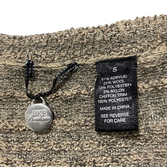 BKE Gimmicks Open Weave Women Tan Raw Edge Chiffon Trim Wool Cardigan Sz Small - Picture 10 of 13